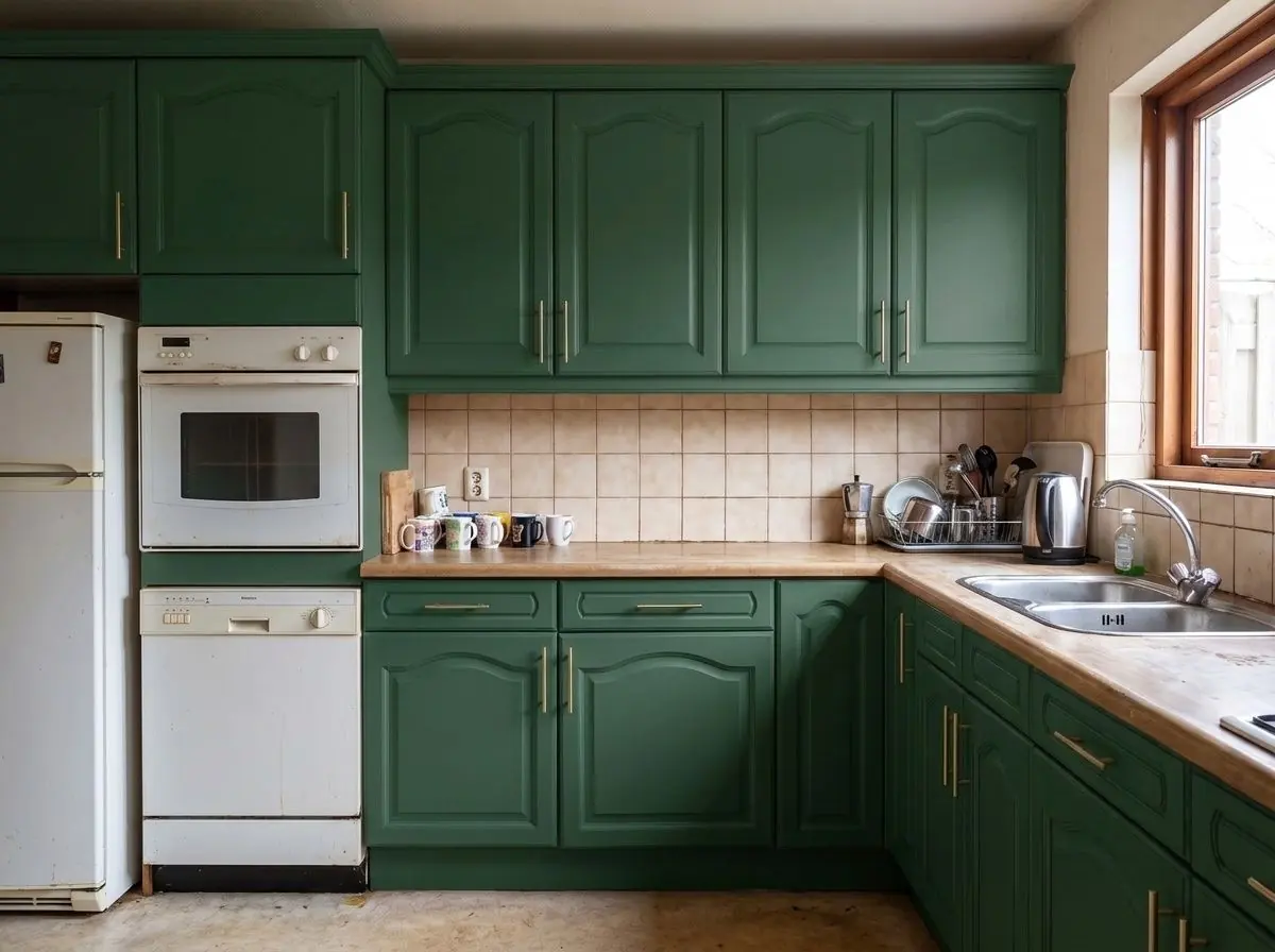 Dezelfde keuken na het wrappen in mat dennengroen