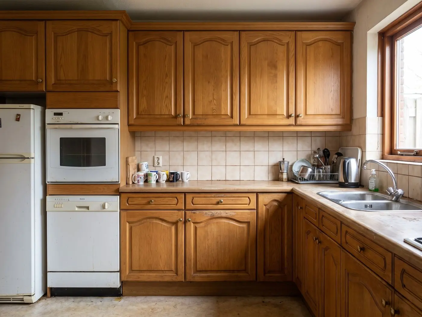 Gedateerde eiken keuken vóór het wrappen