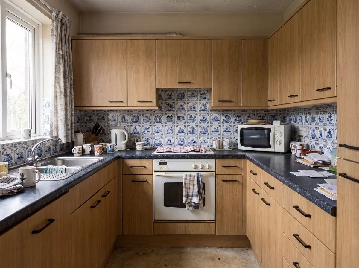 Dezelfde keuken na wrap in warme houtlook