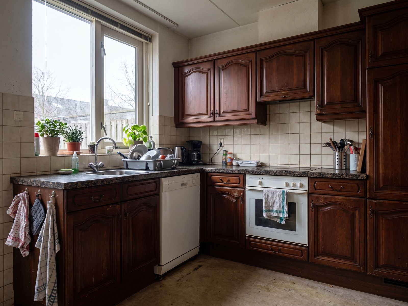Donkere klassieke keuken naar mat crème — voor het wrappen