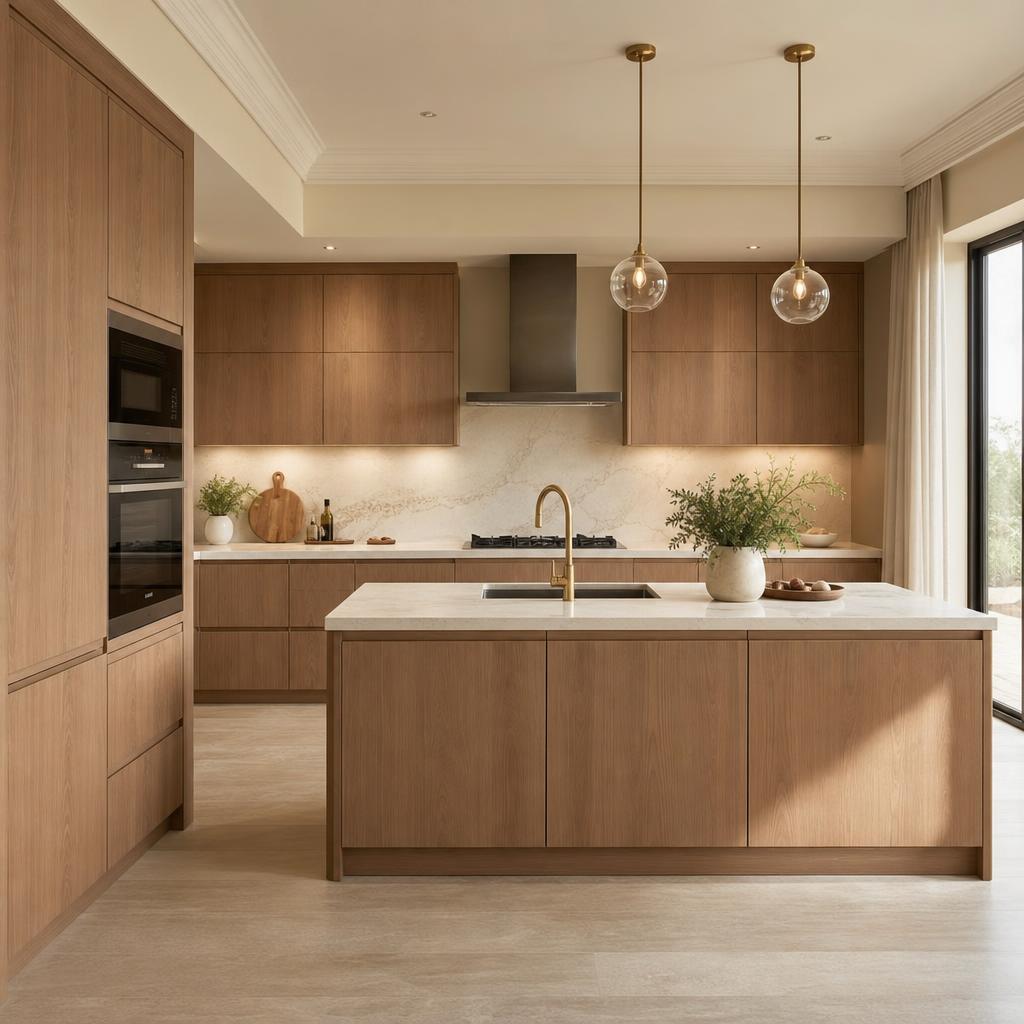 Gewrapte keuken in warme eiken houtlook met messing kraan