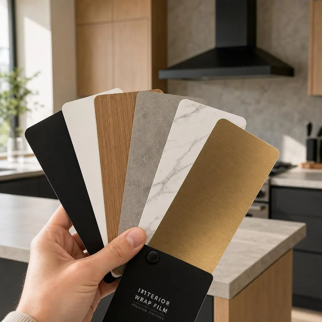 Foliestalen in mat zwart, mat wit, houtlook, betonlook, marmerlook en messing